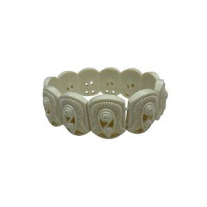 Vintage Faux Ivory Carved Stretch Bracelet Tribal Boho Panel Design Jewelry 7in